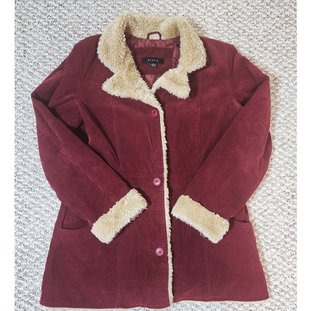 Static Women's Size  XL Red Corduroy Fur Trimmed Coat Boho Y2K Vintage - Picture 2 of 11